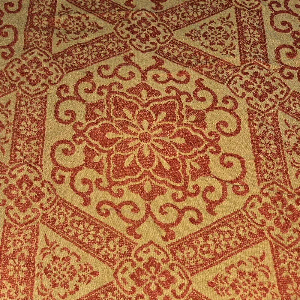 READ VTG BATES Boho Twin Bedspread Fringed MCM Red Yellow Mustard 70s Groovy